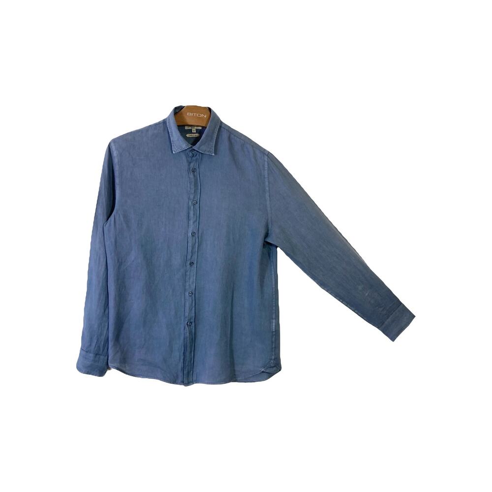 NWOT DOPPELGANGER ROMA Shirt Men M Linen Blue/Navy Long-Sleeve Button-Up